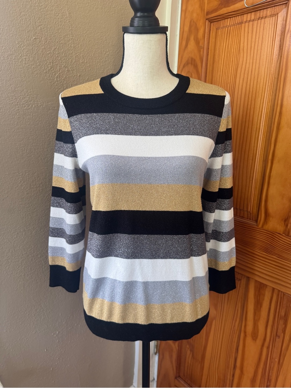 Halogen Atlantic Pacific Striped Metallic Knit Sweater - Black, Gold & Gray